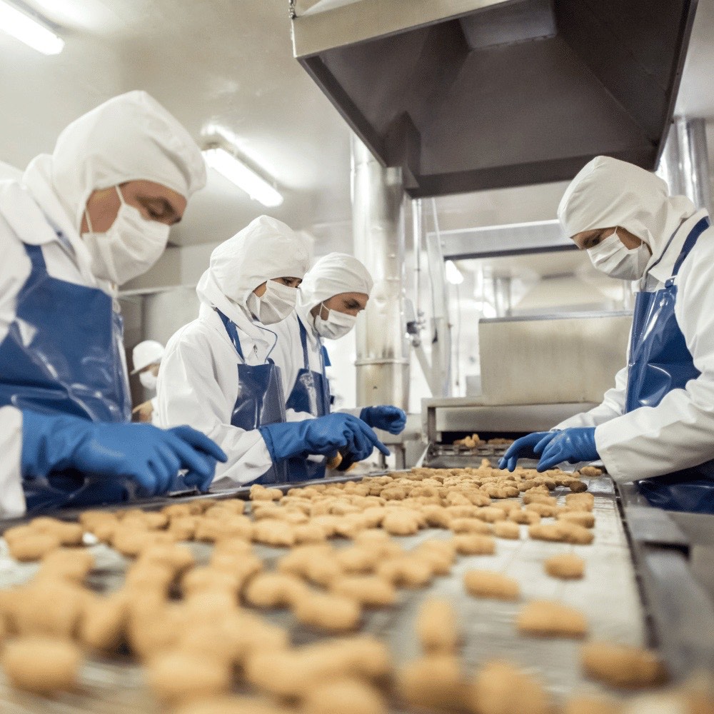 Mitarbeiter in Schutzkleidung sortieren Backwaren an einem Förderband – HACCP-gerechte Isolierungen für die Lebensmittelindustrie